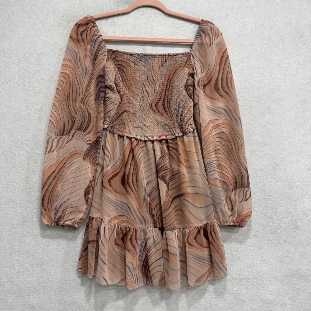 Wilfred Dress Womens 2XS Brown Geometric Smocked Puff Sleeve Mini Ruffle Boho